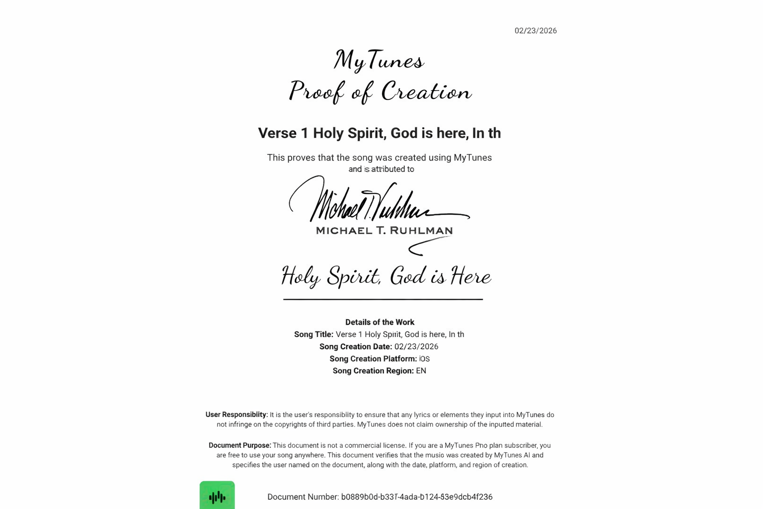 MyTunes Proof of Creation - Holy Spirit, God is Here